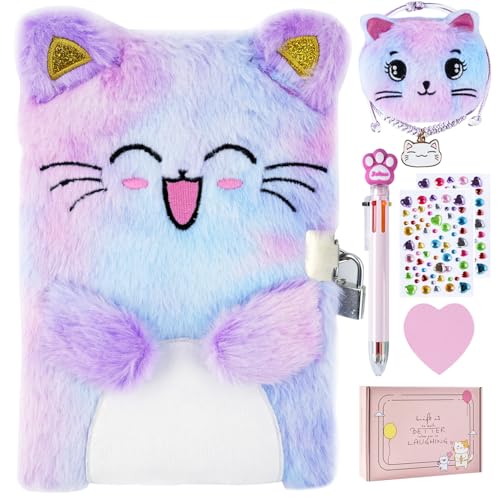 PJDRLLC Cat Diary with Lock Gift for 6 7 8 Year Old Girl Secret Diary Journal Notebook with Coin Purse Multicolored Pen Postit Note Stickers Practical Gift for Birthday A Happy Cat - Image 1