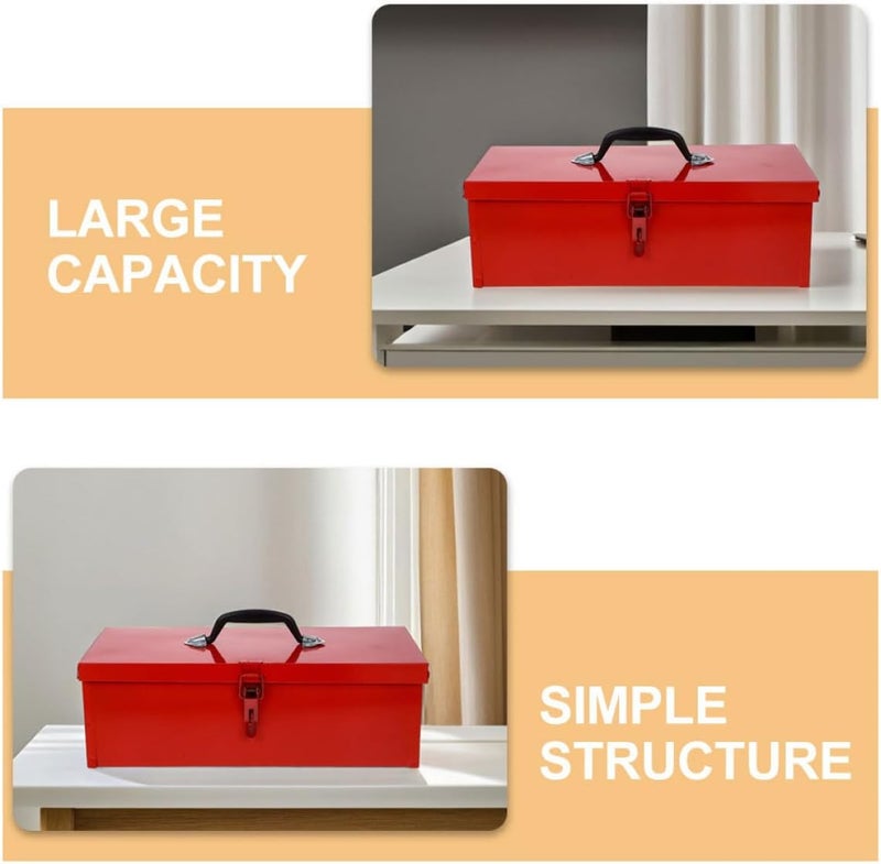 SHOWERORO Metal Toolbox Portable Small Tool Box Red Single-layer 390x160x130mm Hand Tools Organizer Garage Storage Case with Latch and Handle - Image 3