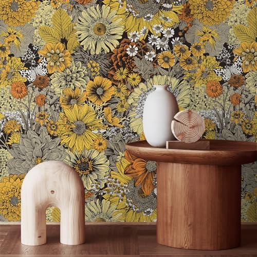 WENMER Floral Peel and Stick Wallpaper 177 X 236 Boho Floral Yellow Orange Contact Paper Vintage DaisyDahliaGerbera Textured SelfAdhesive Wallpaper for Farmhouse - Image 3