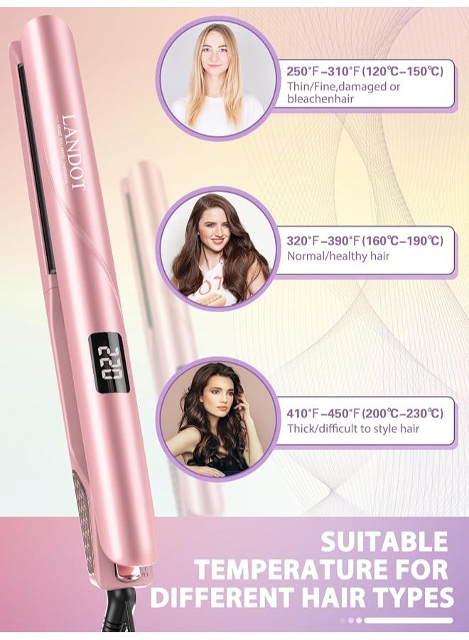 LANDOT Ceramic Hair Straightener 1 Inch Dual Voltage Flat Iron 120-230°C | 30s Fast Heat Up, 12 Temp Settings Fine to Coarse Hair, Anti-Static Frizz-Free Shine, Travel Ready Dual Voltage, Rose Gold - Image 2