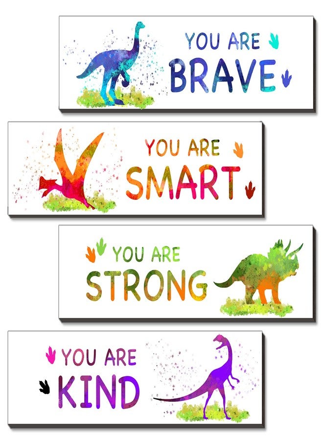 UBLURO 4 Pieces Watercolor Dinosaur Wall Art Decors - Motivational Wall Art，Watercolor Dinosaur Wooden Hanging Wall Prints Plaques，Watercolor Dinosaur Room Decor for Boys Room - Image 1