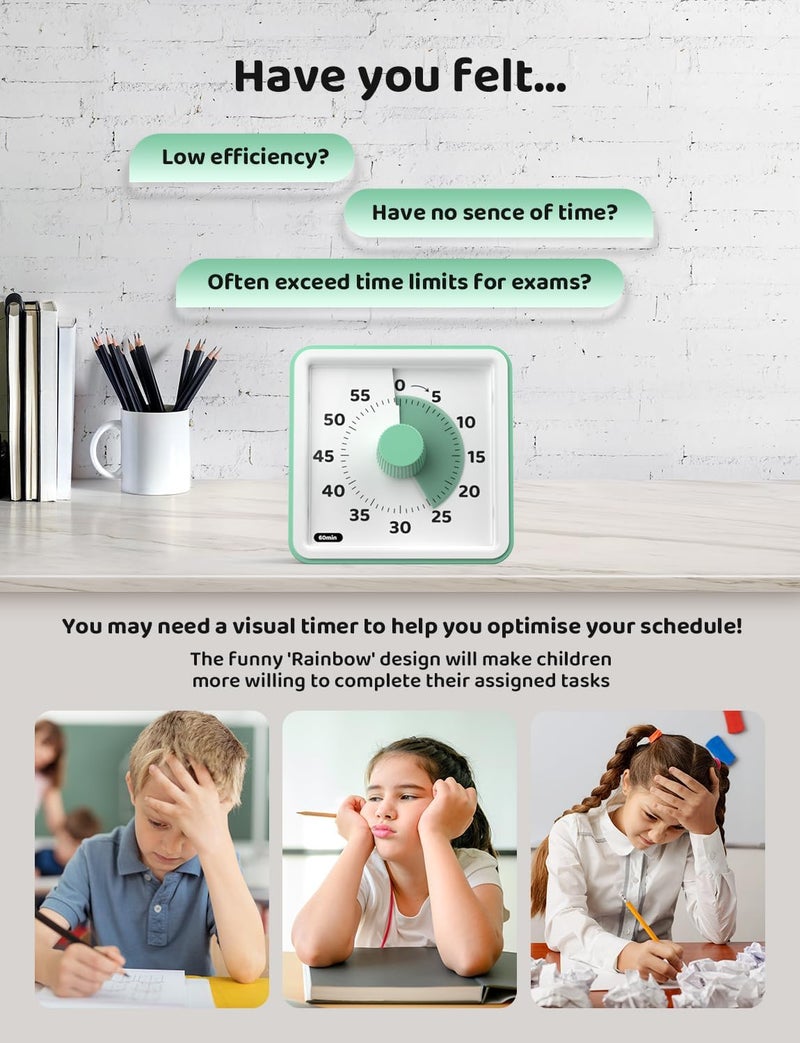 LIORQUE Visual Timer for Kids, 60-Minute Countdown Timers for Classroom Office Kitchen with Silent Operation, Kids Timer for Teaching (Batteries Included) - Image 4