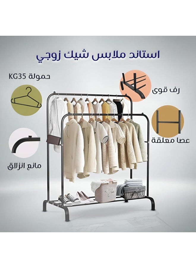 حامل ملابس معدني مزدوج بعجلات — رف تعليق بقضيبين، موفر للمساحة، تركيب سهل، للغرفة والمحل - Image 2