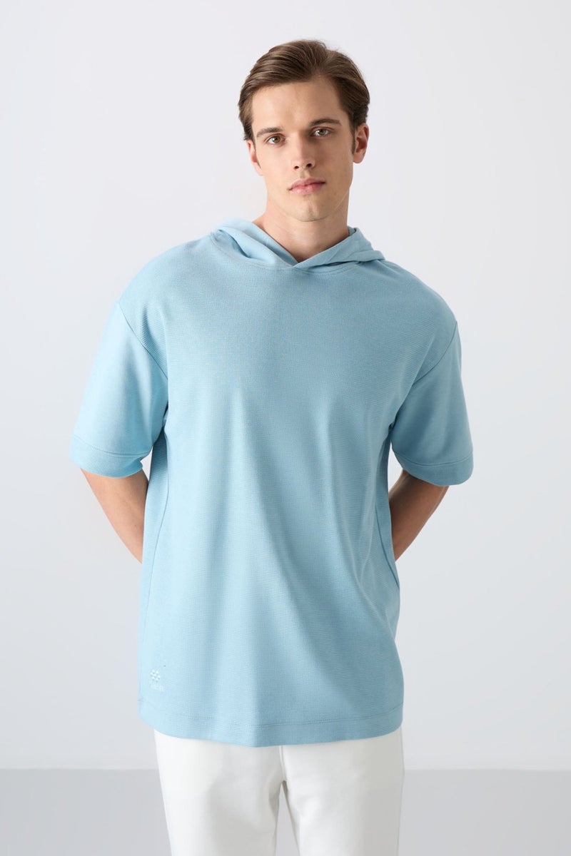 Tommy Life Light Blue Cotton Thick Surface Textured Oversize Fit Basic Men's T-Shirt - 88335  - Image 1