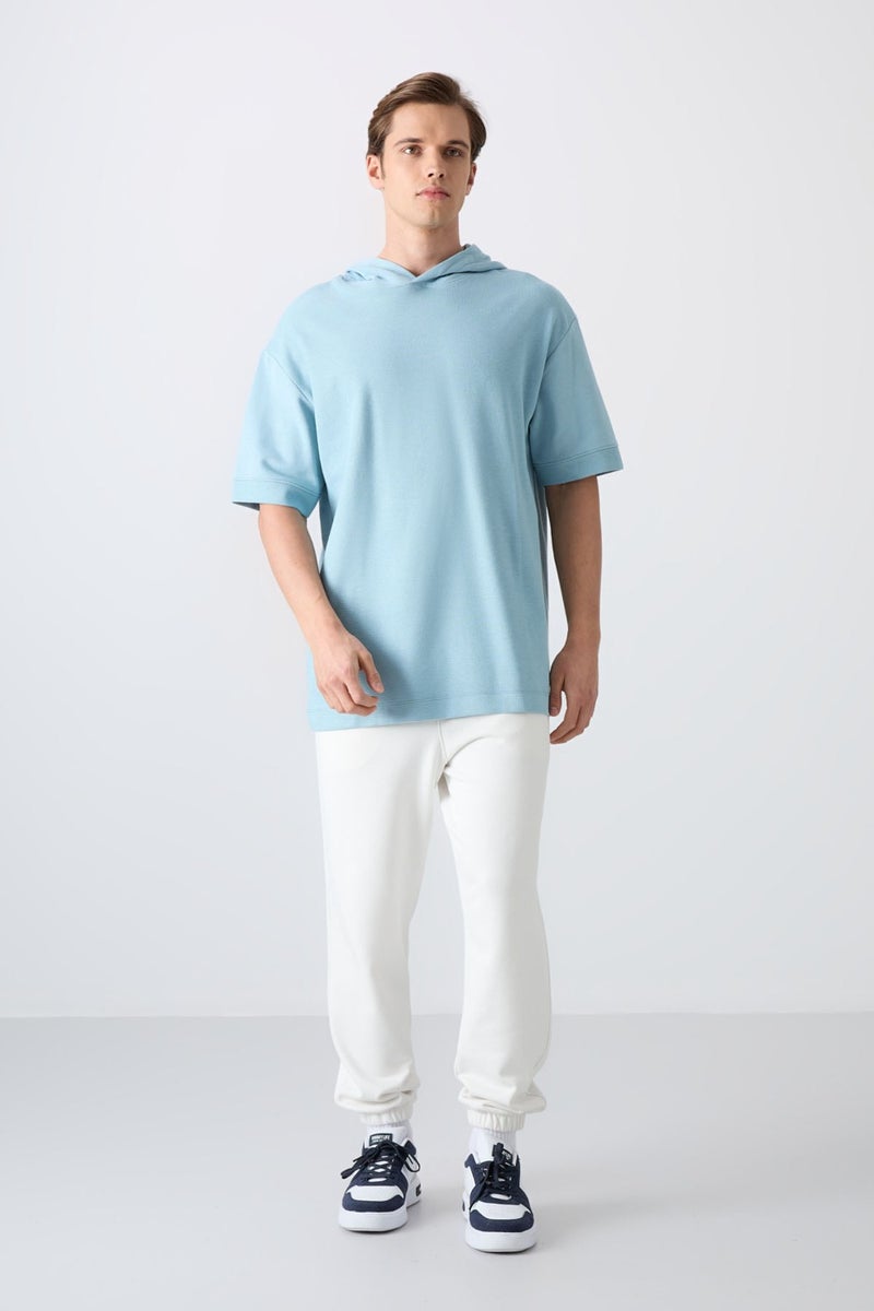 Tommy Life Light Blue Cotton Thick Surface Textured Oversize Fit Basic Men's T-Shirt - 88335  - Image 3