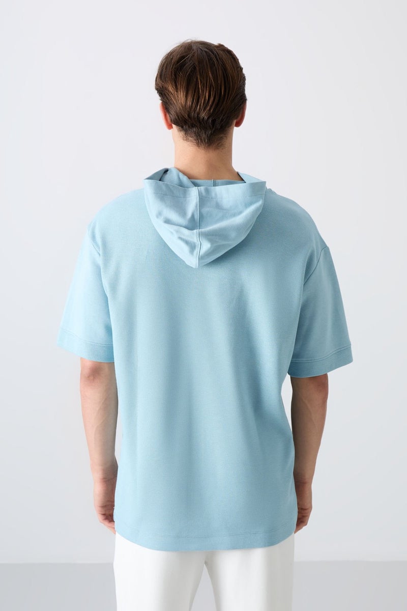 Tommy Life Light Blue Cotton Thick Surface Textured Oversize Fit Basic Men's T-Shirt - 88335  - Image 5