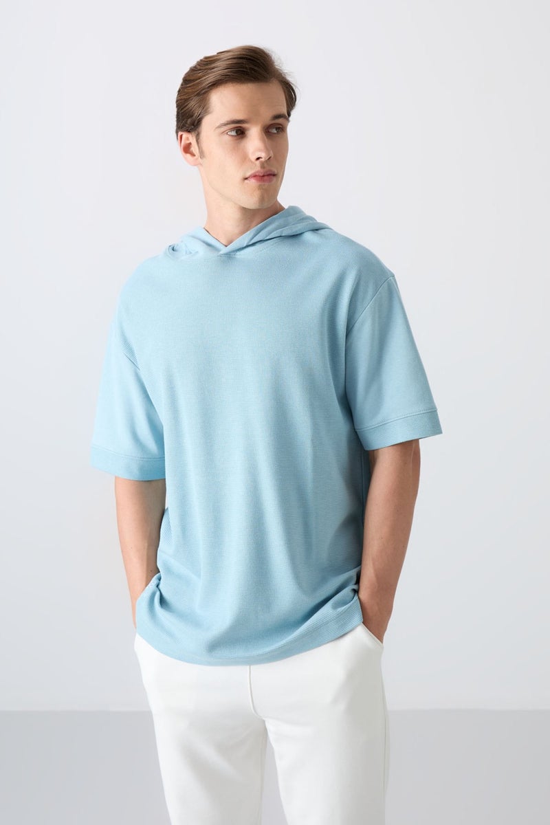 Tommy Life Light Blue Cotton Thick Surface Textured Oversize Fit Basic Men's T-Shirt - 88335  - Image 4