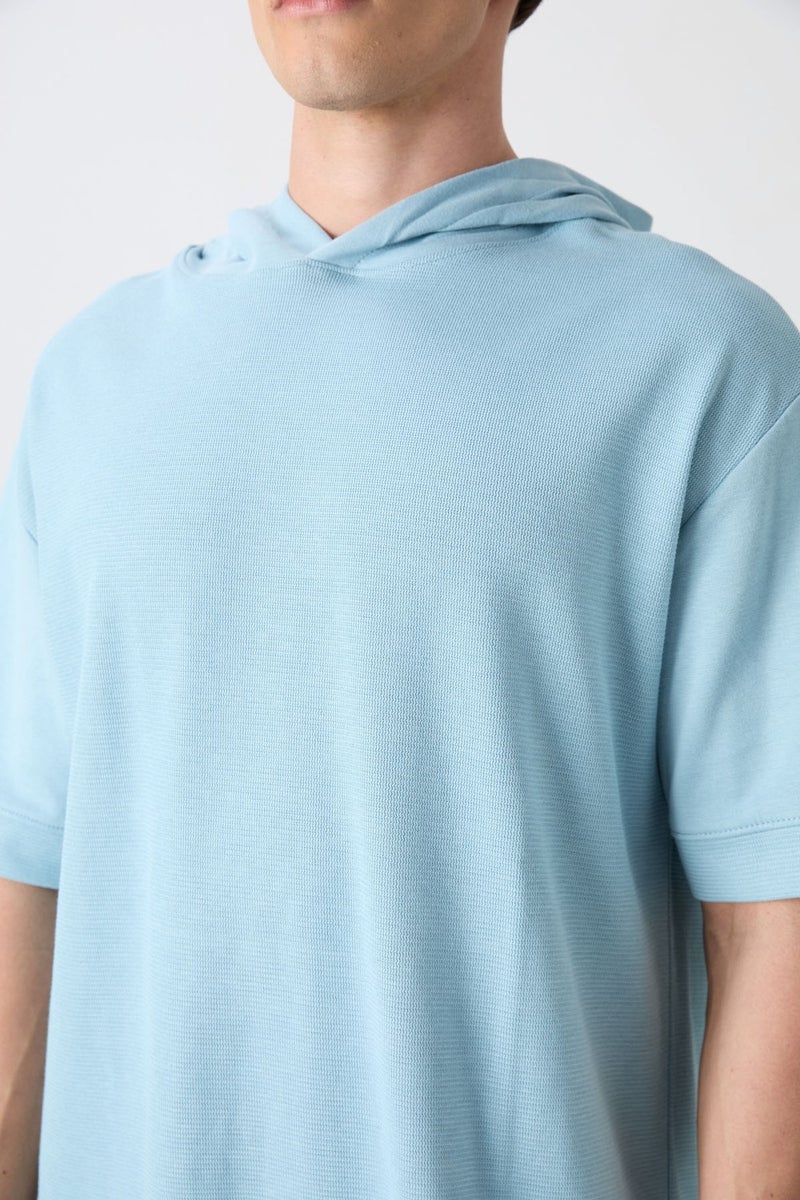 Tommy Life Light Blue Cotton Thick Surface Textured Oversize Fit Basic Men's T-Shirt - 88335  - Image 2