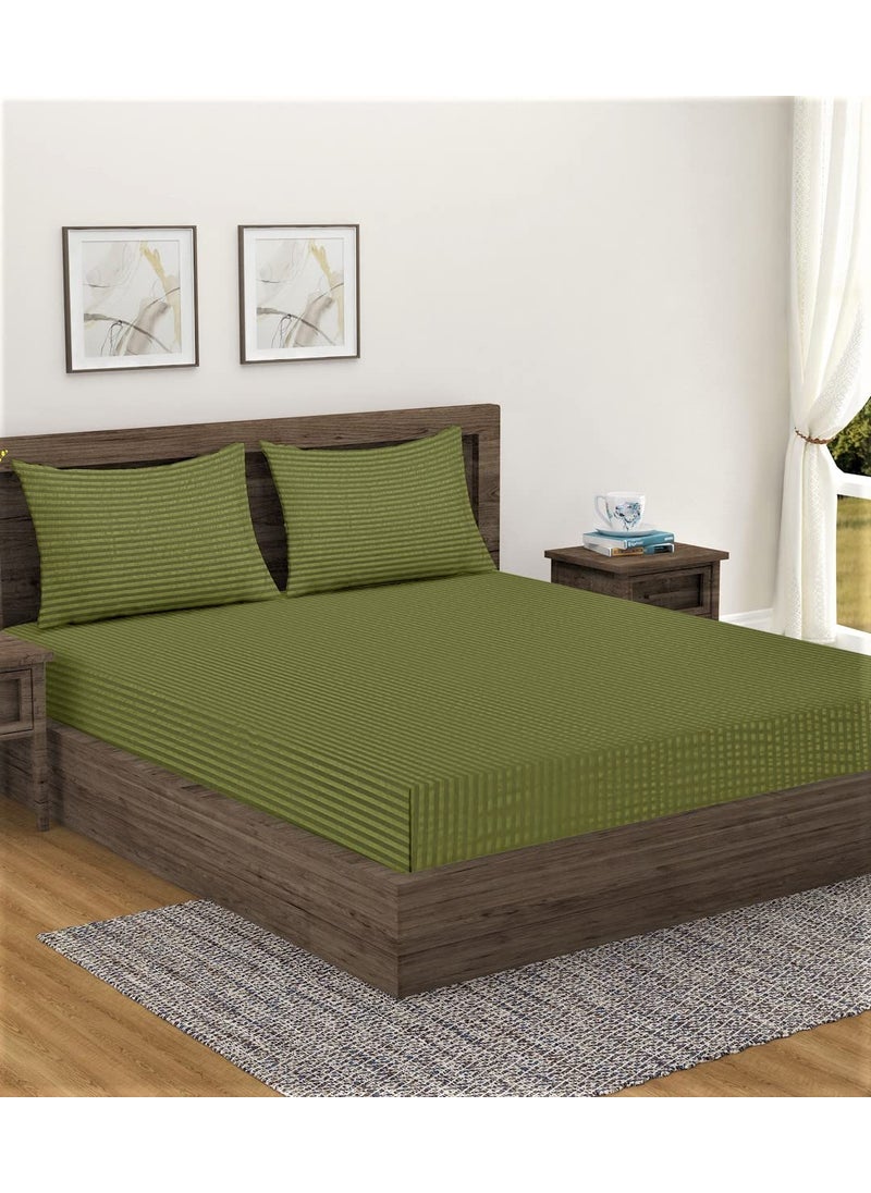 Home Sizzler Home Sizzler 300TC Cotton Green Satin Striped Double Bedsheet with 2 King Size Pillow Covers 90X92  - Image 1
