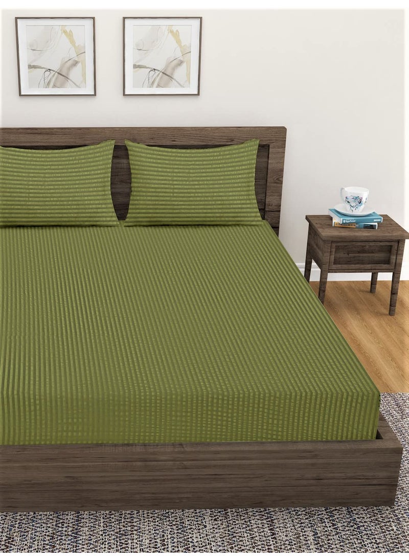 Home Sizzler Home Sizzler 300TC Cotton Green Satin Striped Double Bedsheet with 2 King Size Pillow Covers 90X92  - Image 2