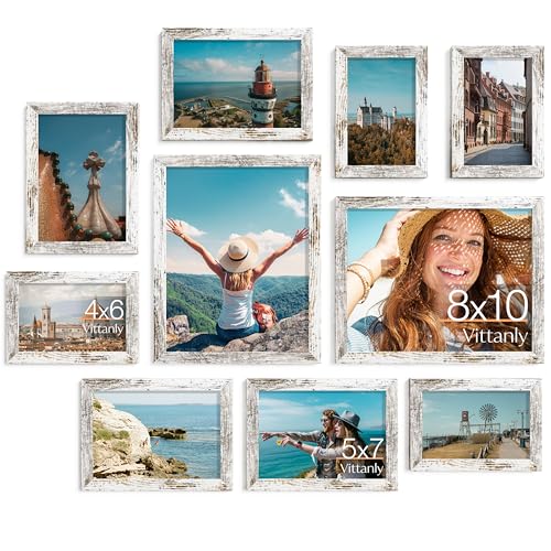 Vittanly Picture Frames Set of 10 Picture Frames Collage Wall Decor with Two 8x10 Four 5x7 and Four 4x6 Photo Frames Gallery Wall Frame Set for Wall or Tabletop Display Distressed White - Image 1