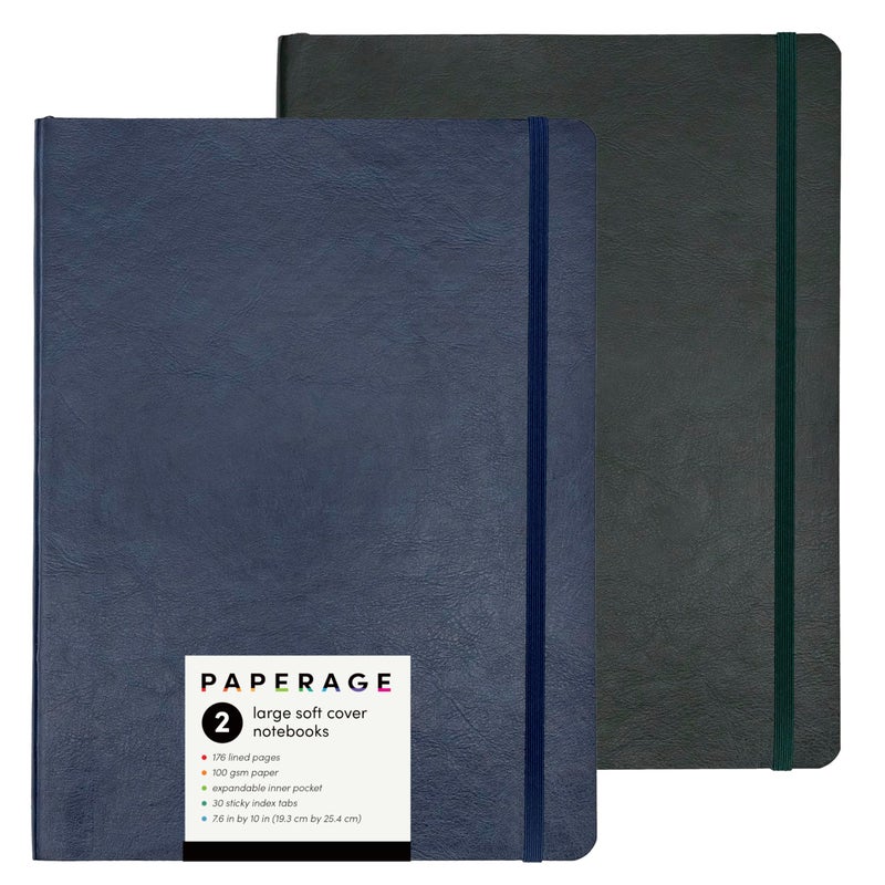 PAPERAGE 2-Pack Softcover Lined Journal Notebook (Navy & Dark Green), 176 Pages, Large B5 College Ruled Notebook, 7.6 inches x 10 inches - 100 GSM Thick Premium Paper, Soft Vegan Leather Journal for Home, Work & School - Image 1