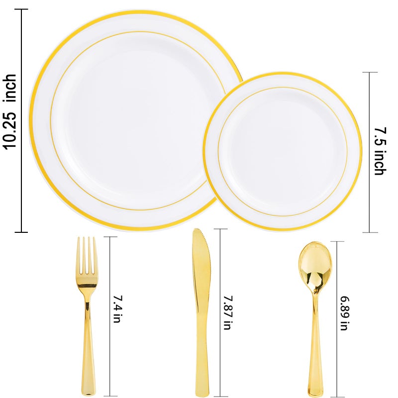 DaYammi 150pcs Gold Plastic Dinnerware Sets  Includes: 30 Gold Rim Dinner Plates  30 Salad Plates  30 Plastic Silverware Set  Perfect Fancy Disposable Plates for Party and Wedding - Image 4