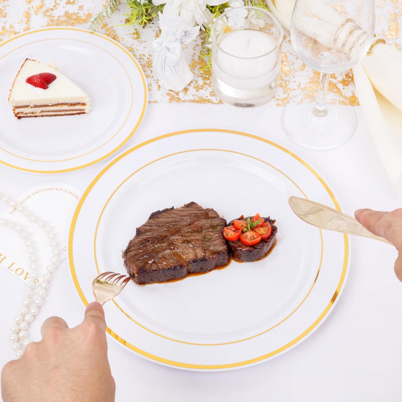 DaYammi 150pcs Gold Plastic Dinnerware Sets  Includes: 30 Gold Rim Dinner Plates  30 Salad Plates  30 Plastic Silverware Set  Perfect Fancy Disposable Plates for Party and Wedding - Image 2