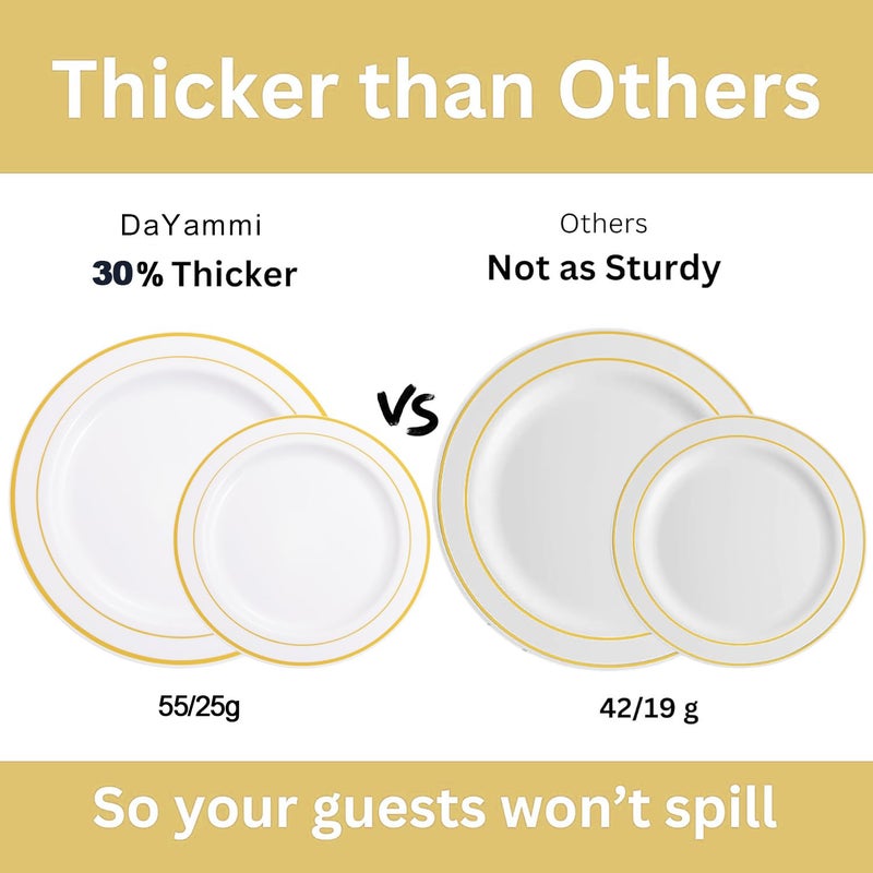 DaYammi 150pcs Gold Plastic Dinnerware Sets  Includes: 30 Gold Rim Dinner Plates  30 Salad Plates  30 Plastic Silverware Set  Perfect Fancy Disposable Plates for Party and Wedding - Image 3
