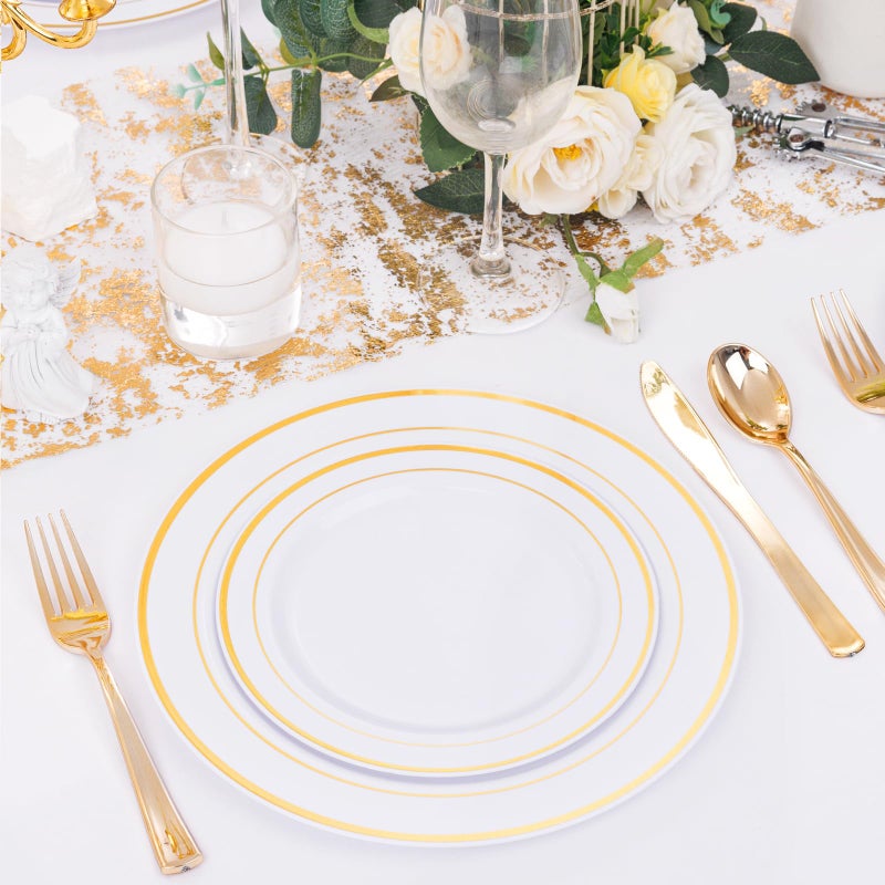DaYammi 150pcs Gold Plastic Dinnerware Sets  Includes: 30 Gold Rim Dinner Plates  30 Salad Plates  30 Plastic Silverware Set  Perfect Fancy Disposable Plates for Party and Wedding - Image 1