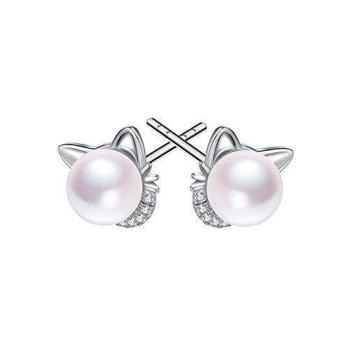 JORA Sterling Silver Cat Earrings Freshwater Pearl Stud Earrings for Women - Image 5