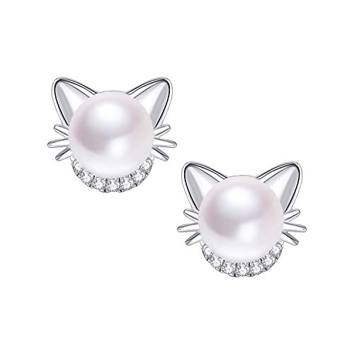 JORA Sterling Silver Cat Earrings Freshwater Pearl Stud Earrings for Women - Image 1