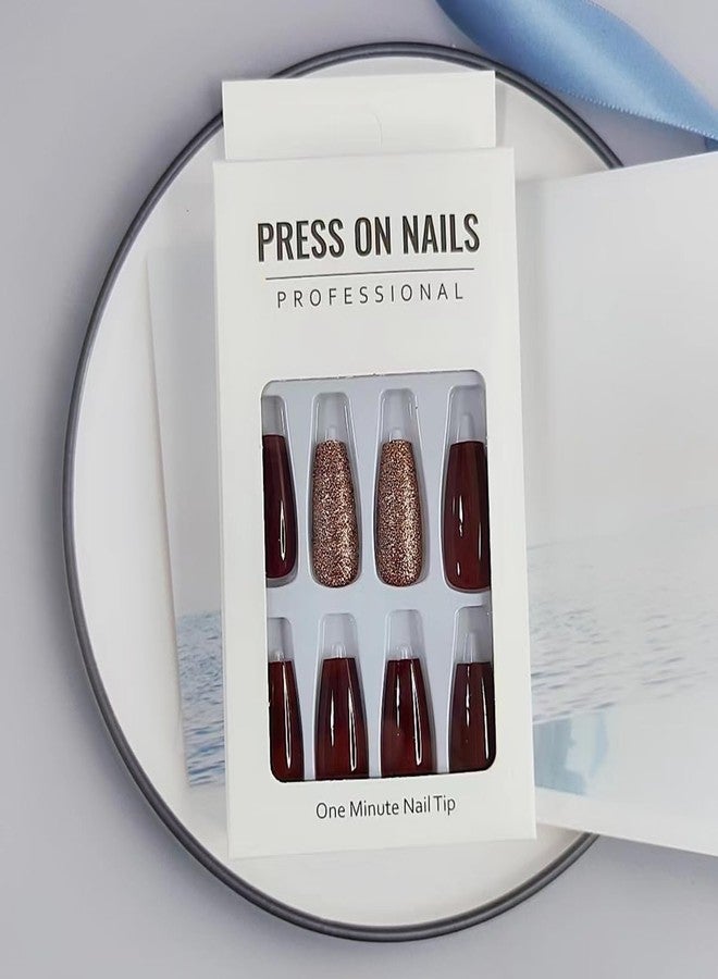OSTTMA 24Pcs Dark Wine Red Press on Nails Long Fake Nails Elegant Wine Red Gradient Design Gold Glitter Shiny Glossy False Nails Red Solid Color Natural Acrylic Nails for Women Girls DIY Nail Decorations - Image 4