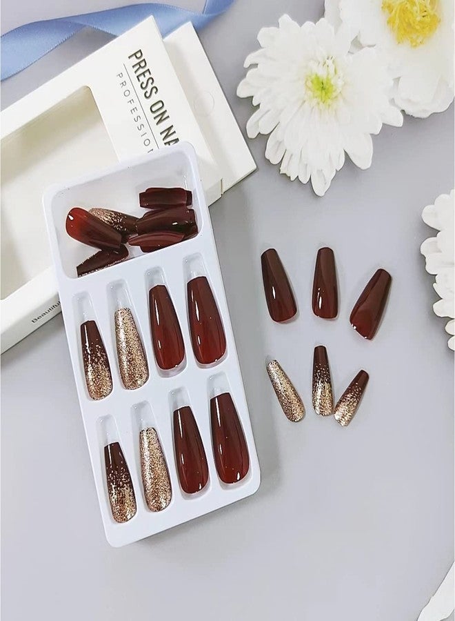 OSTTMA 24Pcs Dark Wine Red Press on Nails Long Fake Nails Elegant Wine Red Gradient Design Gold Glitter Shiny Glossy False Nails Red Solid Color Natural Acrylic Nails for Women Girls DIY Nail Decorations - Image 3