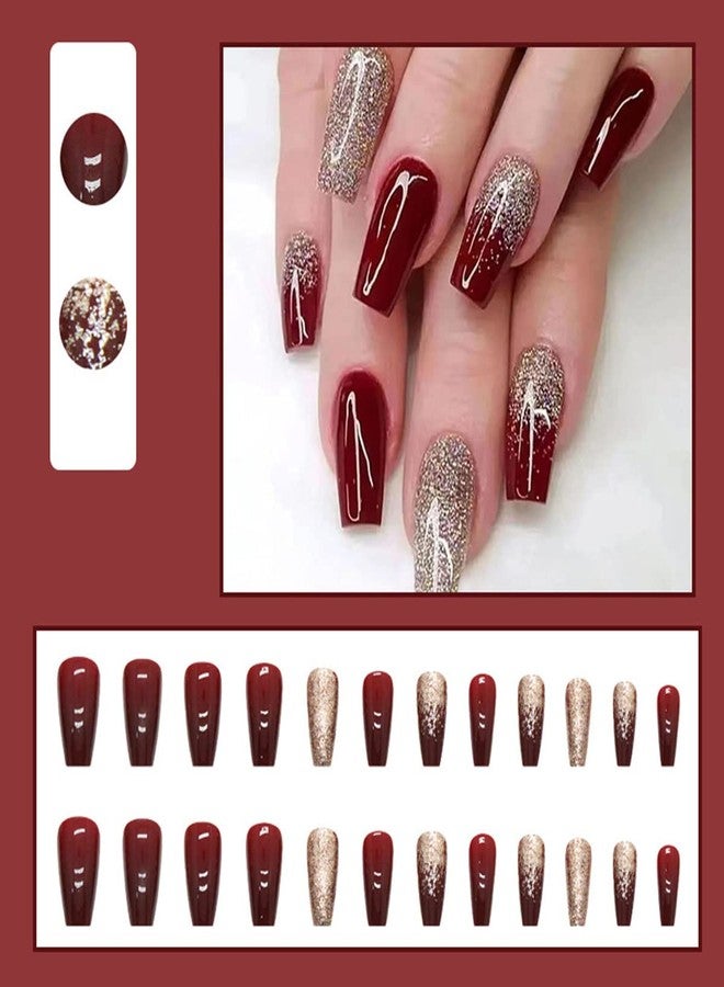 OSTTMA 24Pcs Dark Wine Red Press on Nails Long Fake Nails Elegant Wine Red Gradient Design Gold Glitter Shiny Glossy False Nails Red Solid Color Natural Acrylic Nails for Women Girls DIY Nail Decorations - Image 2