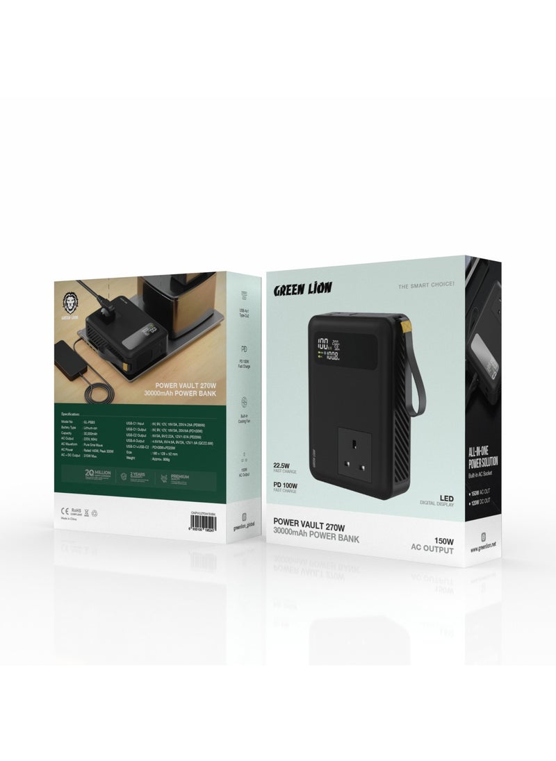 GREEN LION - Power Vault 270W 30000mAh Power Bank / PD 100W Fast Charging / Built in Cooling Fan / LED Digital Display / 150W AC Out / 120W DC Out / Built in AC Socket / x1 USB-A & x2 Type-C - Black - Image 1