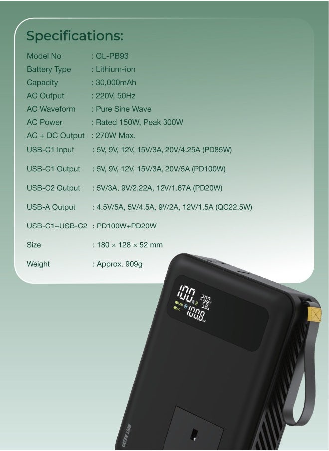 GREEN LION - Power Vault 270W 30000mAh Power Bank / PD 100W Fast Charging / Built in Cooling Fan / LED Digital Display / 150W AC Out / 120W DC Out / Built in AC Socket / x1 USB-A & x2 Type-C - Black - Image 1