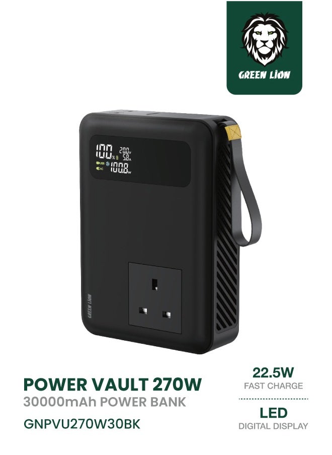 GREEN LION - Power Vault 270W 30000mAh Power Bank / PD 100W Fast Charging / Built in Cooling Fan / LED Digital Display / 150W AC Out / 120W DC Out / Built in AC Socket / x1 USB-A & x2 Type-C - Black - Image 1