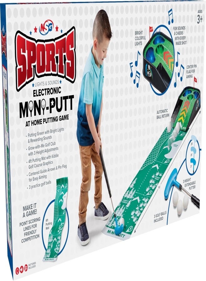 NSG Electronic Mini Golf Putting Game for Kids - Indoor Golf Toy with 4ft Mat, Aiming Pin Flag, Auto Ball Return, Cheers & Sounds, Lights, 3 Balls, Adjustable Putter - Fun Family Play, Ages 3+ - Image 4