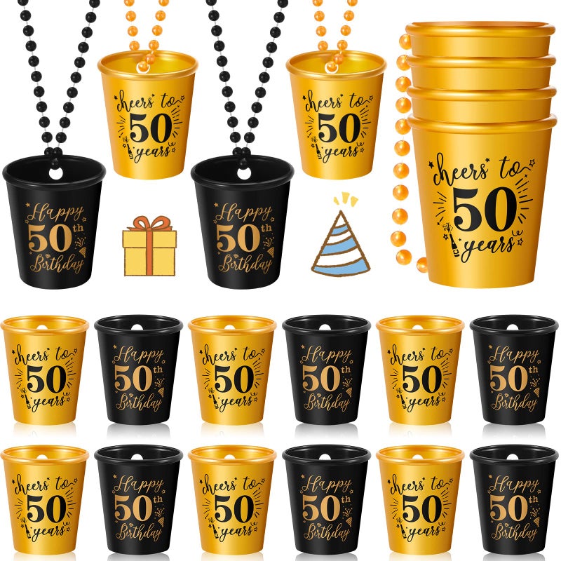 Sureio 12 Pieces Shot Glasses Necklace Birthday Plastic Shot Glass on Beaded Necklace Cups for Birthday Party Anniversary Supplies Gold and Black50th 