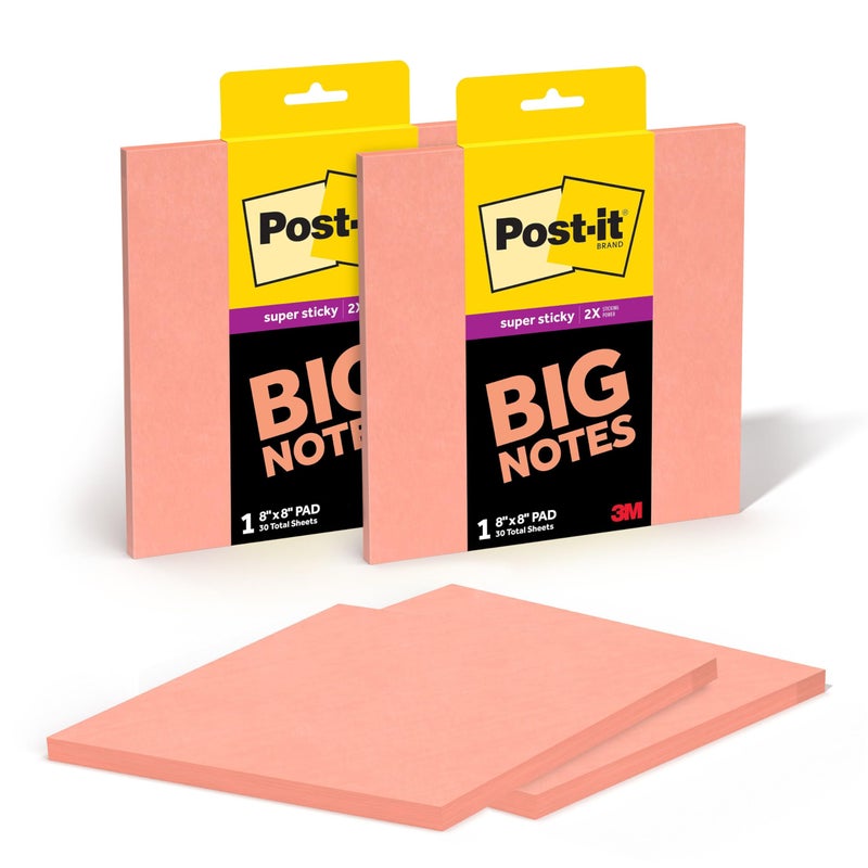 Post-it Super Sticky Big Notes, 8 in. x 8 in., Extra Large Sticky Notes in Papaya Fizz, 2 pads, 60 Sheets Total, Great for Vision Boards, Creative Projects, Study Spaces, Group Brainstorming, and More - Image 1