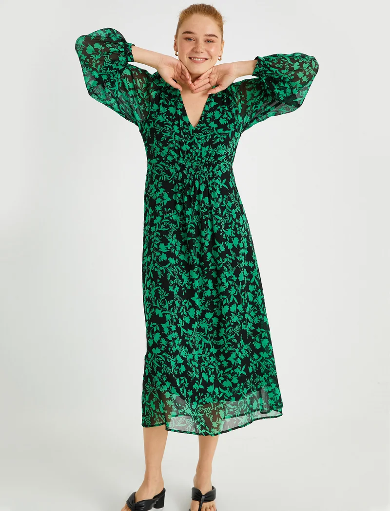 كوتون Chiffon Midi Dress V Neck Long Puff Sleeve