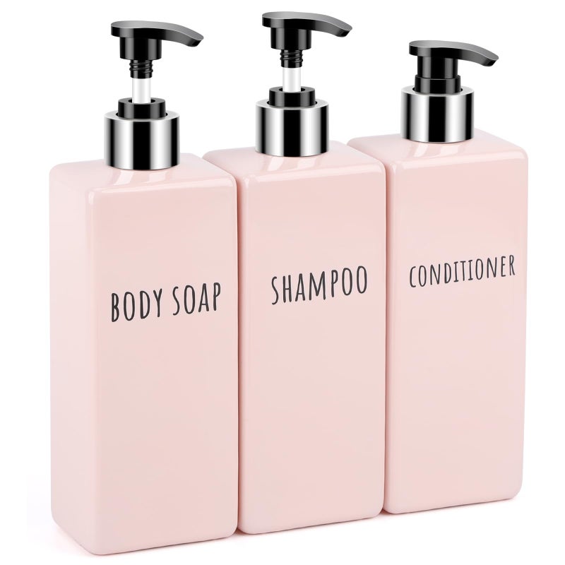 Segbeauty 169oz Shower Bottles Refillable 3 Pack of Shampoo and Conditioner Bottles for Bathroom 500ml Plastic Square Soap Dispenser Set Lotion Dispenser Empty Press Pump Bottle Pink