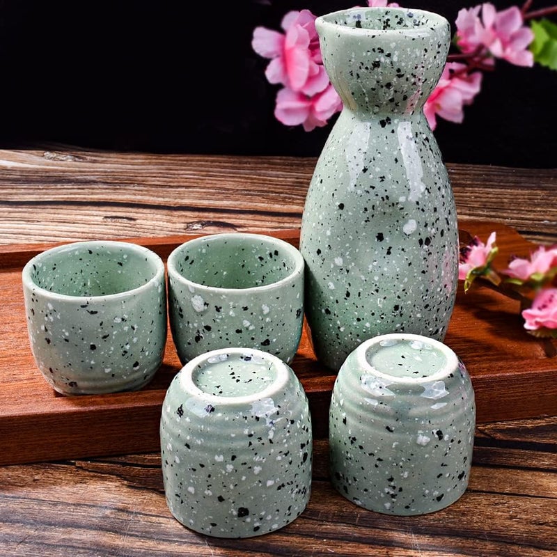 LMRLCS Ceramic Sake Set of 5, Durable Japanese Sake Ceramic Set Featuring 1 Sake Bottle and 4 Sake Cups (Small Green) - Image 3