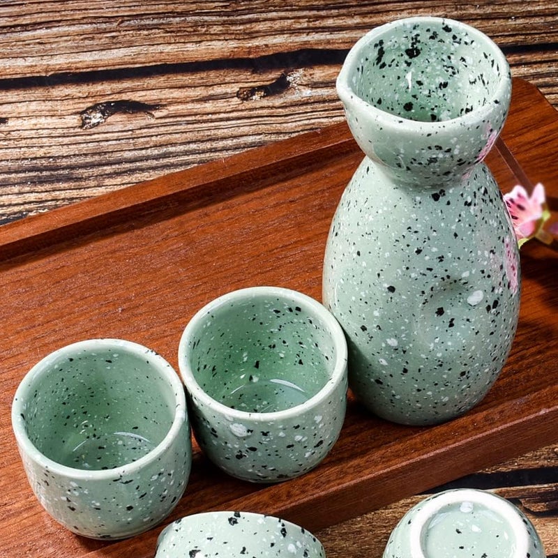 LMRLCS Ceramic Sake Set of 5, Durable Japanese Sake Ceramic Set Featuring 1 Sake Bottle and 4 Sake Cups (Small Green) - Image 2