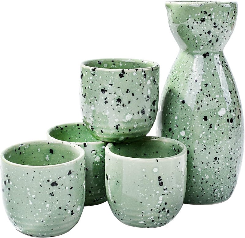 LMRLCS Ceramic Sake Set of 5, Durable Japanese Sake Ceramic Set Featuring 1 Sake Bottle and 4 Sake Cups (Small Green) - Image 1