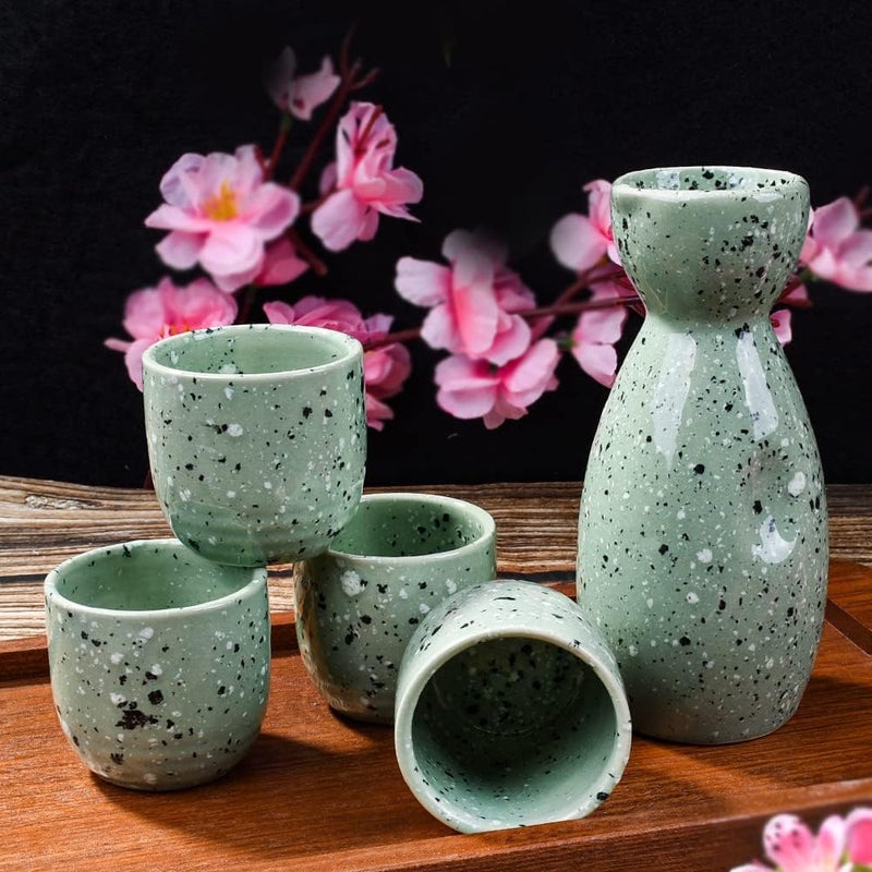 LMRLCS Ceramic Sake Set of 5, Durable Japanese Sake Ceramic Set Featuring 1 Sake Bottle and 4 Sake Cups (Small Green) - Image 5