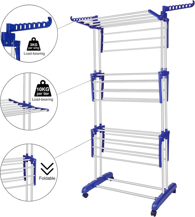 Innotic Clothes Drying Rack, Stainless Steel Oversized 4-Tier Collapsible Rolling Drying Rack Clothing Folding Laundry Drying Rack Stand Indoor/Outdoor with Side Wings and Casters Gray Blue - Image 4