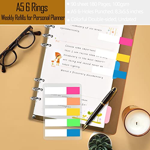 Rancco A5 Planner Inserts Weekly Planner Refills, 90 Pages Colorful 6-Ring Loose-leaf Paper Binder Inserts w/Divider, PVC Pouch, Ruler, Index Tab for Journal, Filofax, Double-sided, Undated, 8.3x5.6" - Image 4