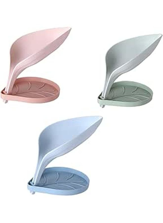 3Pcs Leaf Shaped Double Layer Soap Dish with Drainage Easy to Clean Green Blue Pink - Image 1
