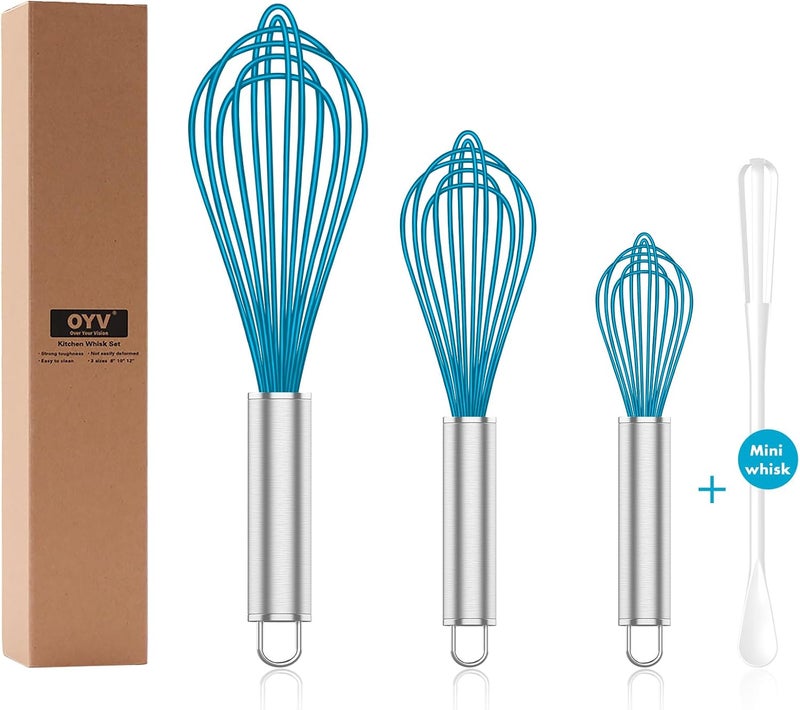 OYV Silicone Whisk,Heat Resistant 480°F Whisks For Cooking Non Scratch,Stainless Steel wired wisk,Plastic Rubber Whisk Tool For Nonstick Cookware Pans,Silicon Wisks Set of 4,Blue - Image 1
