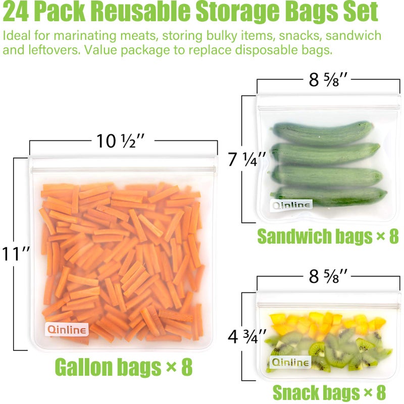 Qinline Reusable Food Storage Bags - 24 Pack Dishwasher Safe Freezer Bags, BPA Free Reusable Bags PEVA material, Leakproof Reusable Lunch Bag for Salad Fruit Travel - 8 Gallon 8 Sandwich 8 Snack Bags - Image 3