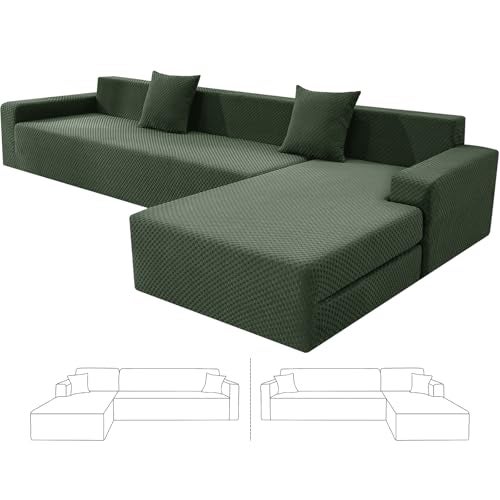 ZNSAYOTX Sectional Couch Covers, Stretch Jacquard Slipcovers with Elastic Bottom for L-Shape Sectional Sofa, 2 Pcs Pet Friendly Modular Sofa Protector (3 Seat Couch + 3 Seat Chaise, Army Green) - Image 1