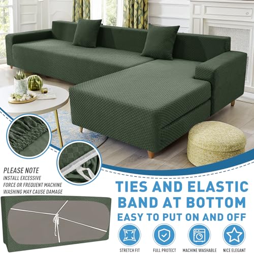 ZNSAYOTX Sectional Couch Covers, Stretch Jacquard Slipcovers with Elastic Bottom for L-Shape Sectional Sofa, 2 Pcs Pet Friendly Modular Sofa Protector (3 Seat Couch + 3 Seat Chaise, Army Green) - Image 3
