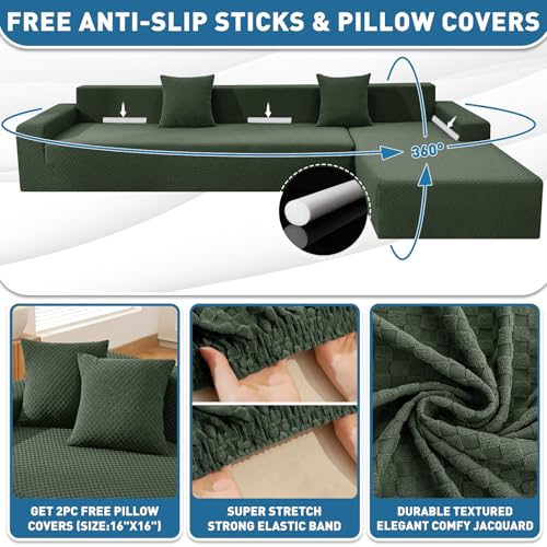 ZNSAYOTX Sectional Couch Covers, Stretch Jacquard Slipcovers with Elastic Bottom for L-Shape Sectional Sofa, 2 Pcs Pet Friendly Modular Sofa Protector (3 Seat Couch + 3 Seat Chaise, Army Green) - Image 2