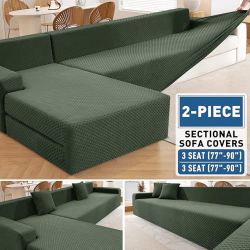 ZNSAYOTX Sectional Couch Covers, Stretch Jacquard Slipcovers with Elastic Bottom for L-Shape Sectional Sofa, 2 Pcs Pet Friendly Modular Sofa Protector (3 Seat Couch + 3 Seat Chaise, Army Green) - Image 4