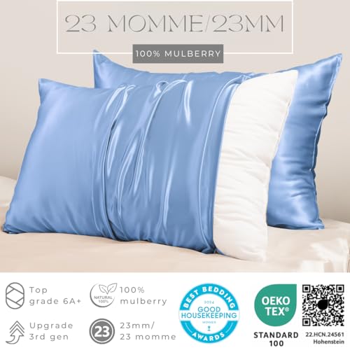 PROMEED Real 23 Momme 100% Silk Pillowcase for Hair and Skin, Both Sides Cooling Premium Grade 6A+ Mulberry Silk Pillow Case with Zipper, 1pc (Standard 20"x26", Light Blue) - Image 2