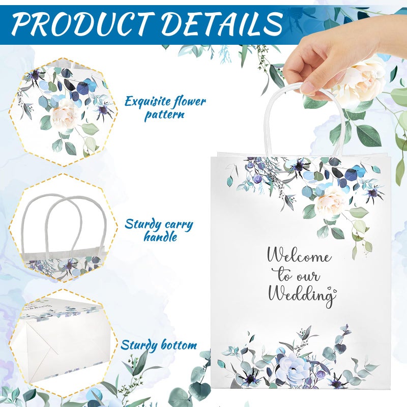 Kolldenn 50 Pcs Welcome to Our Wedding Gift Bags for Hotel Guests Bulk, Paper Wedding Welcome Bags with Handles for Bridal Shower Gifts Engagement Party Favors(Blue Floral) - Image 2