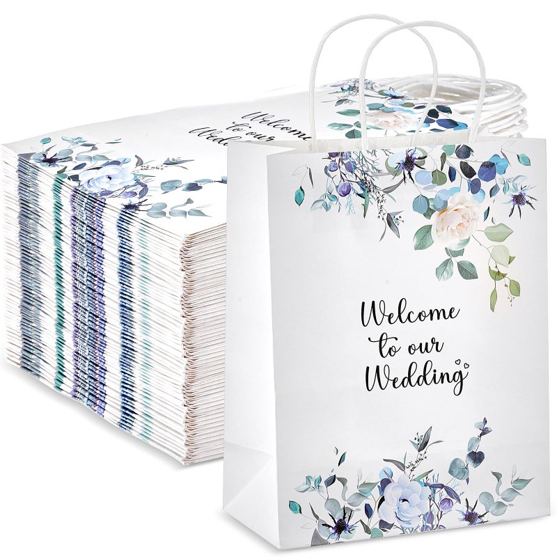Kolldenn 50 Pcs Welcome to Our Wedding Gift Bags for Hotel Guests Bulk, Paper Wedding Welcome Bags with Handles for Bridal Shower Gifts Engagement Party Favors(Blue Floral) - Image 1