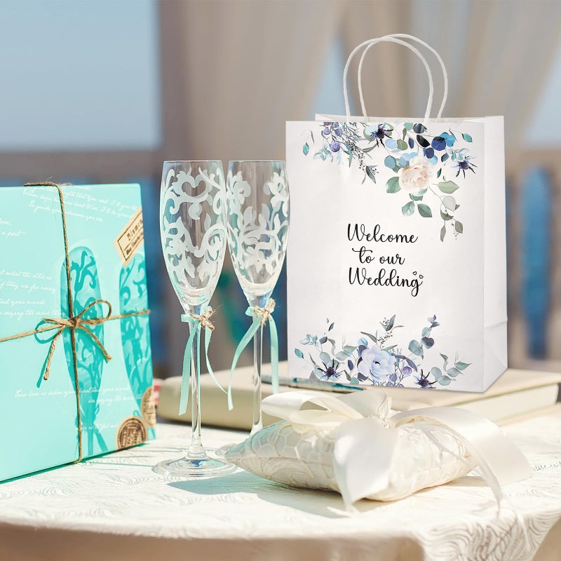 Kolldenn 50 Pcs Welcome to Our Wedding Gift Bags for Hotel Guests Bulk, Paper Wedding Welcome Bags with Handles for Bridal Shower Gifts Engagement Party Favors(Blue Floral) - Image 5